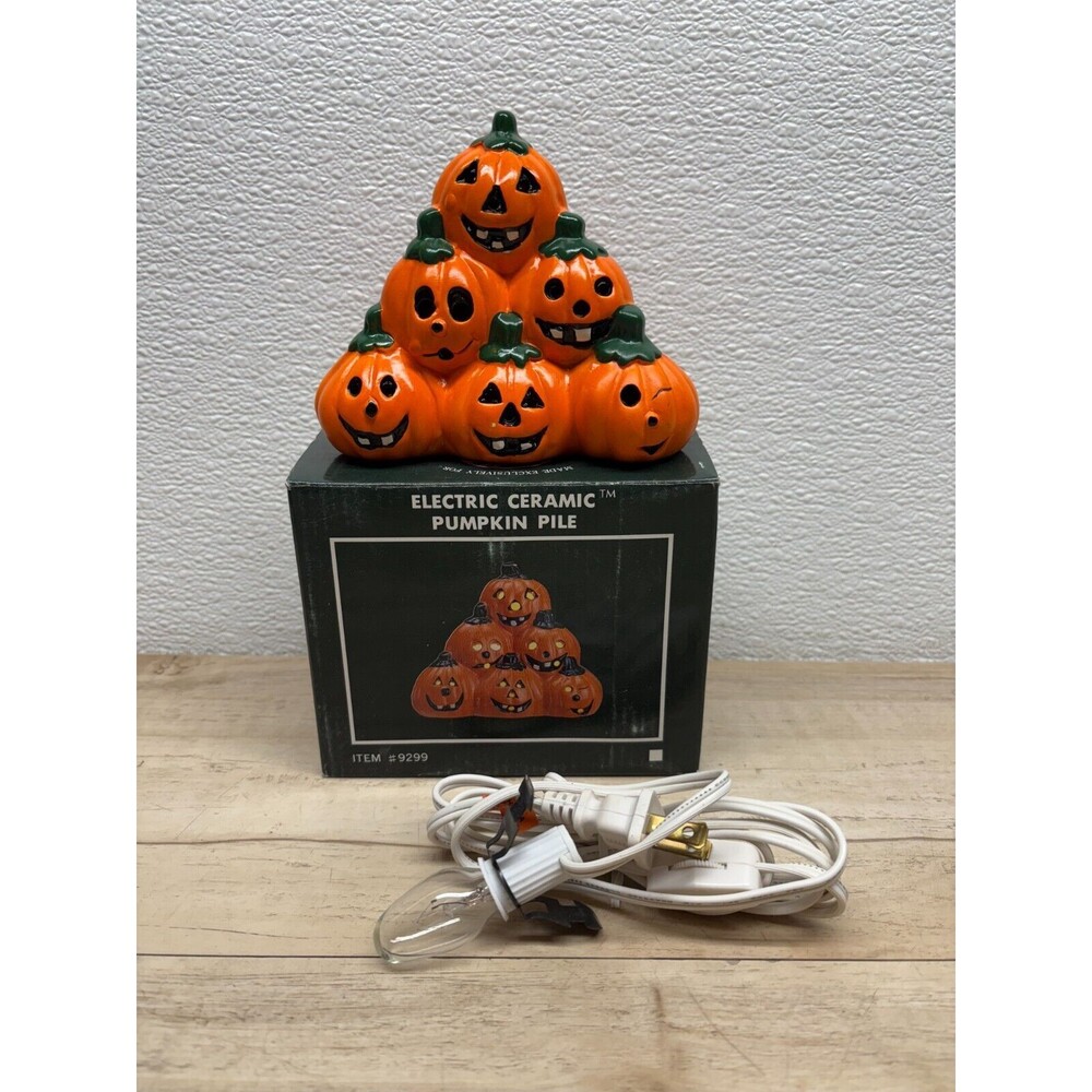 Vtg 1991 Pacific Rim Electric Ceramic Pumpkin Pile Halloween Decoration